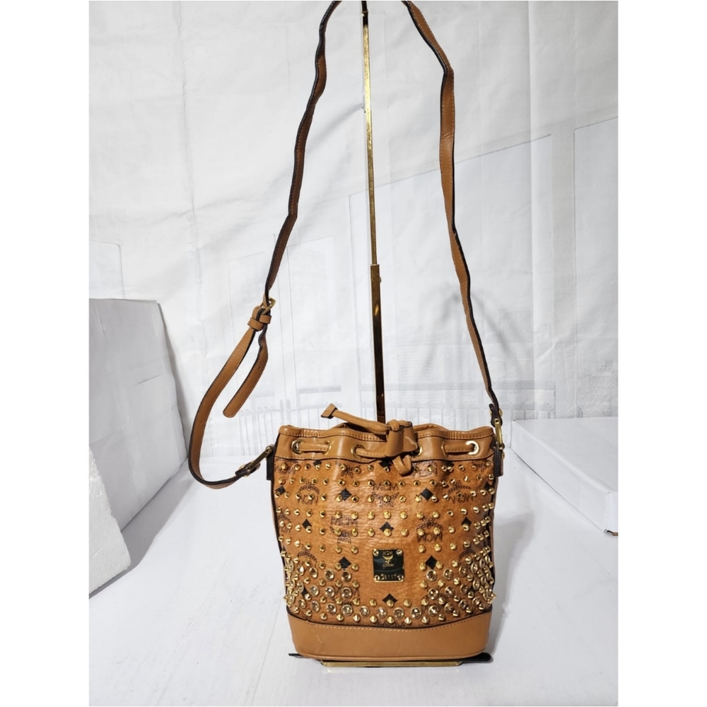 MCM Visetos Swarovski Crystal Studded Mini Drawstring Bucket Bag Cognac